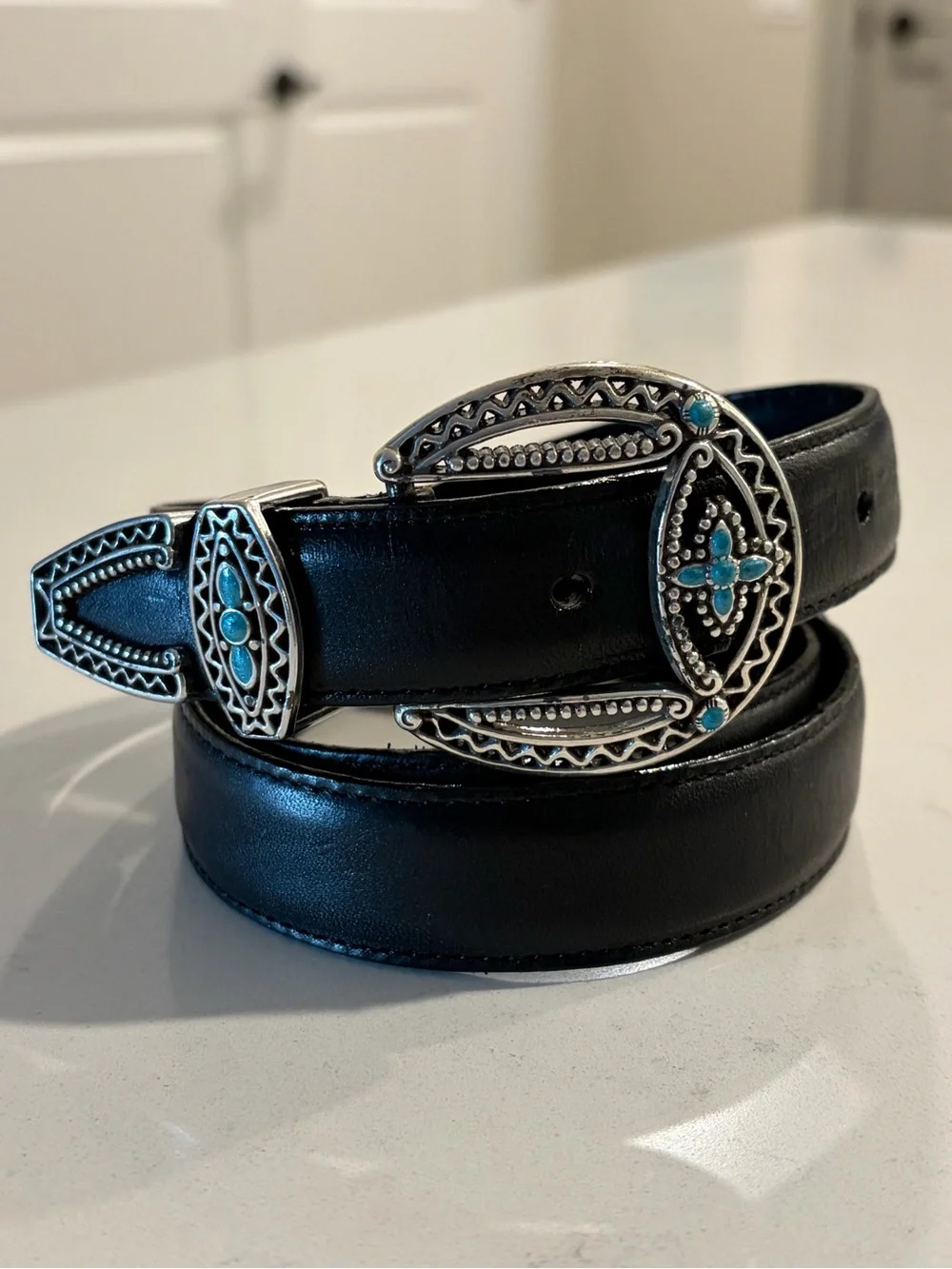 Brighton Black Leather Belt Silver Plate with  Turquoise Buckle XL/36 B30113 USA
